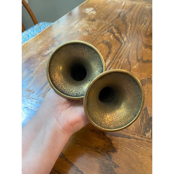 Antique Pair Of Solid Brass Candle Holders Tapered Design Heavyweight Decorative - Picture 5 of 9